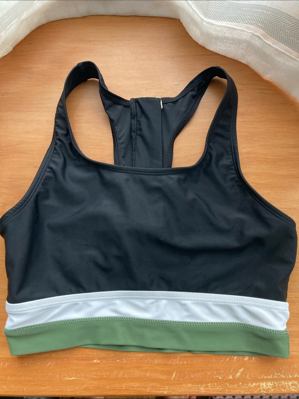 Black Racerback Bikini Top with White and Olive Trim